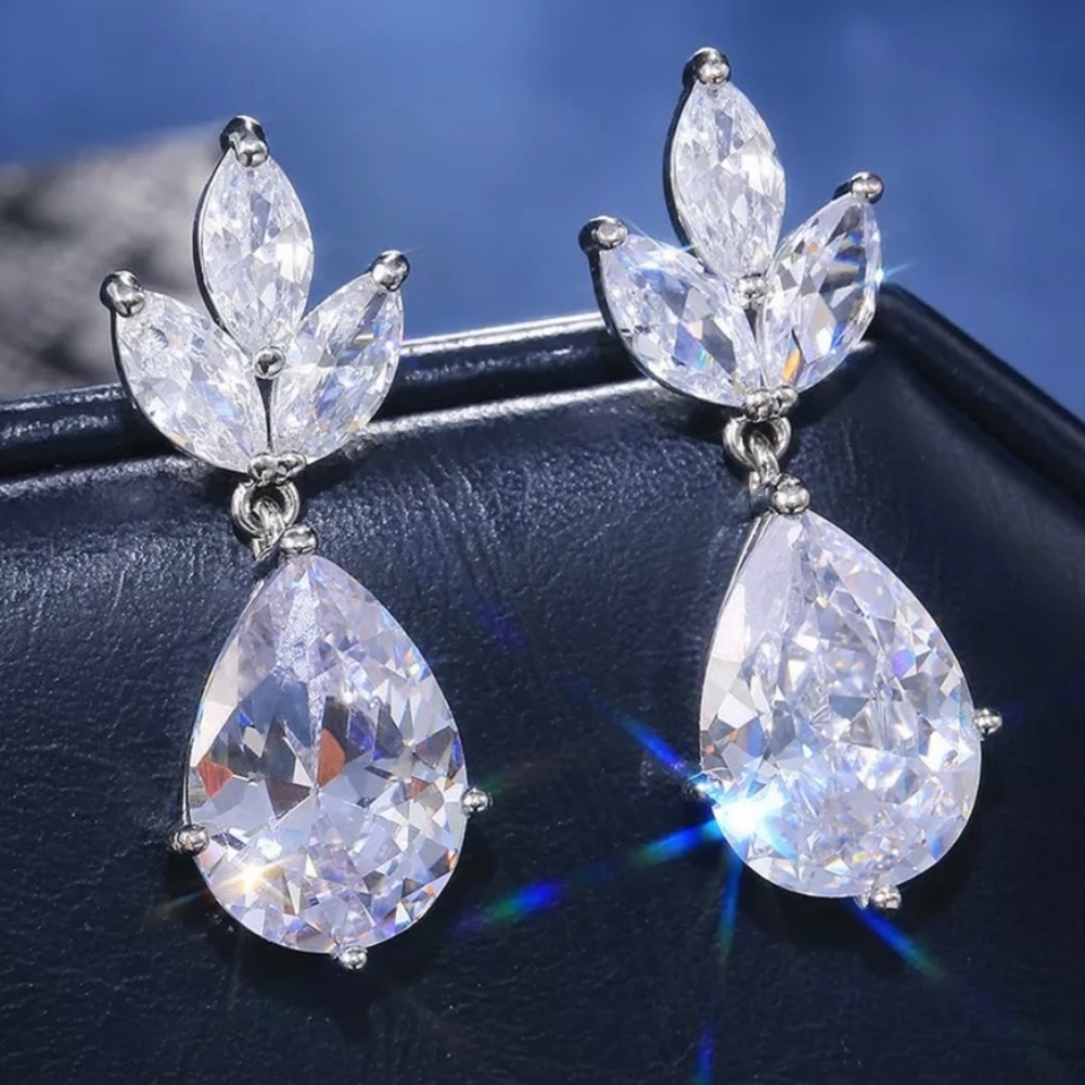 Silver Diamond Pear Drop Earrings